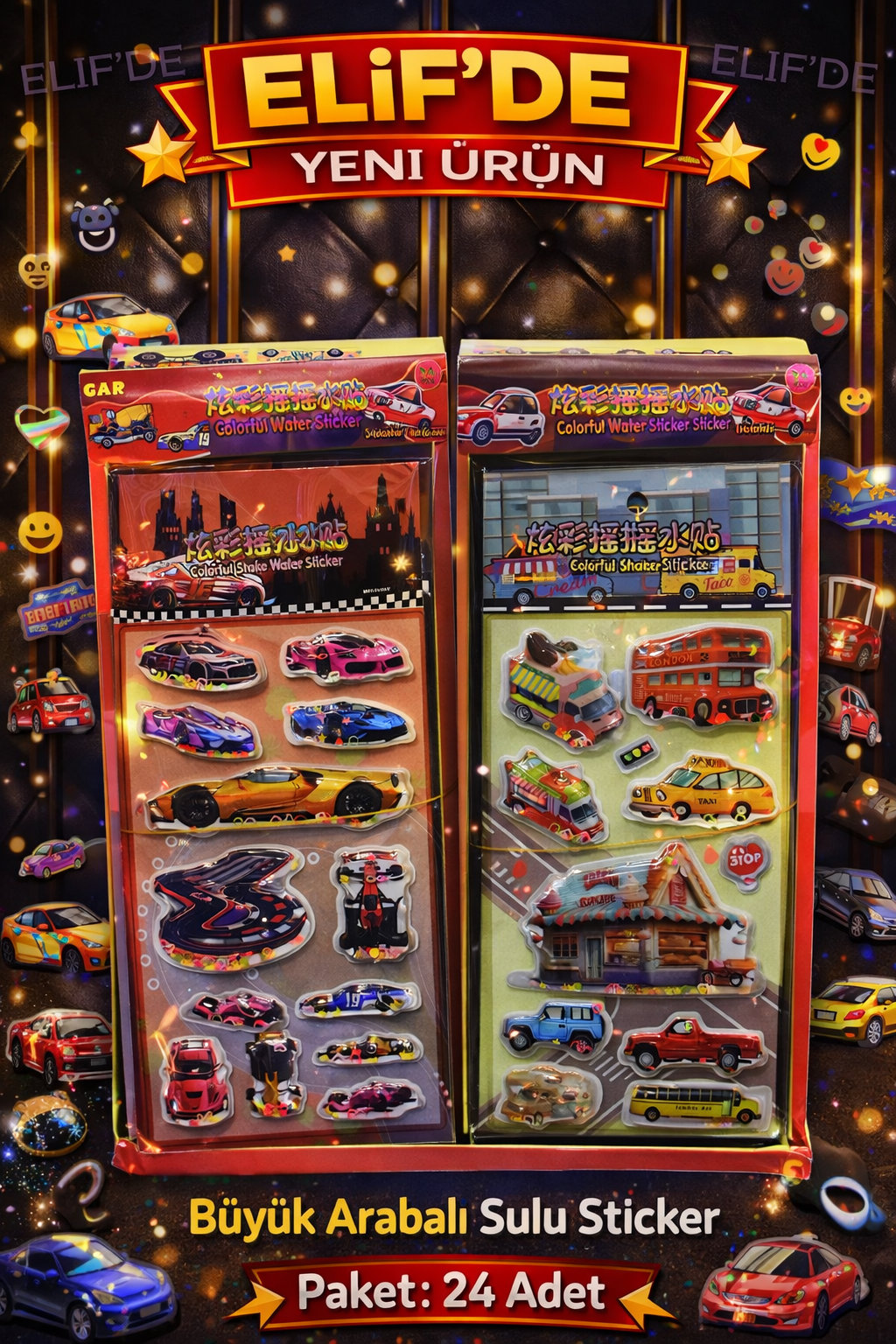 Büyük Sulu Sticker Araba Model / 24lü STANT