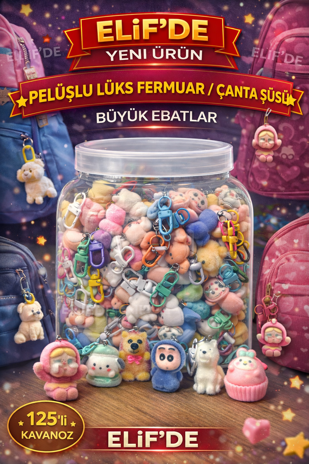 PELUŞLU LÜKS FERMUAR SÜSÜ/ 125li Kavanoz