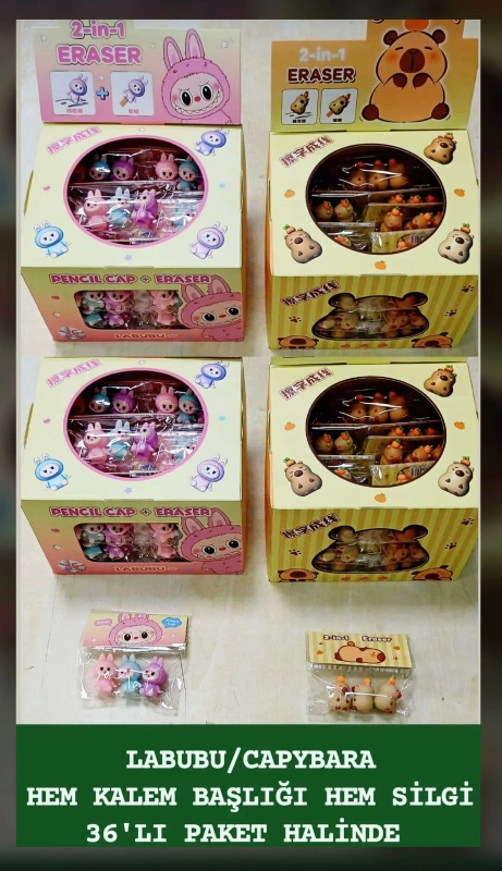 CAPPYBARA LABUBU SİLGİLİ KALEM BAŞLIĞI 3LÜ SET / 36LI STANT