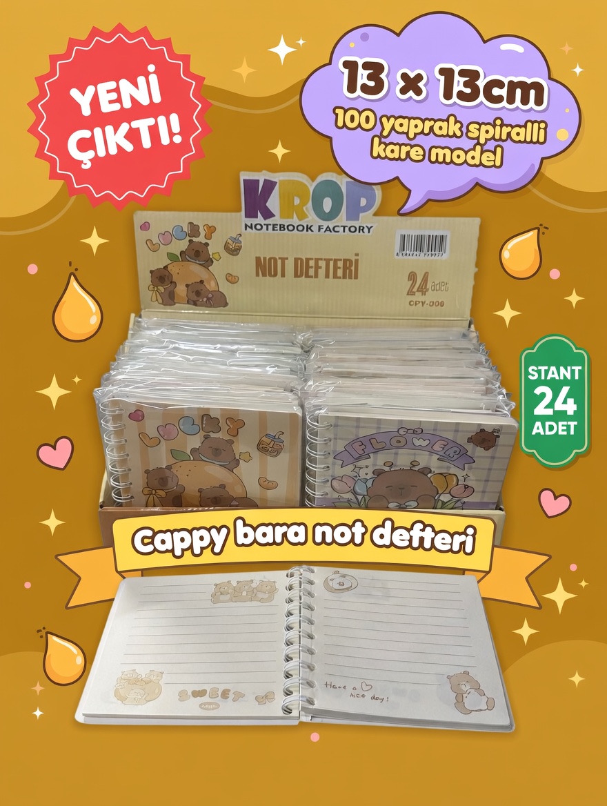 Krop/ CappyBara Not Defteri 13x13cm 100yaprak / 24lü Stant