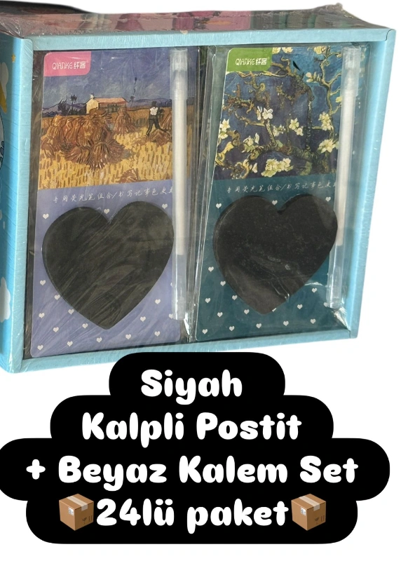 SİYAH KALP POSTİT +BEYAZ KALEM SET / 24LÜ STANT