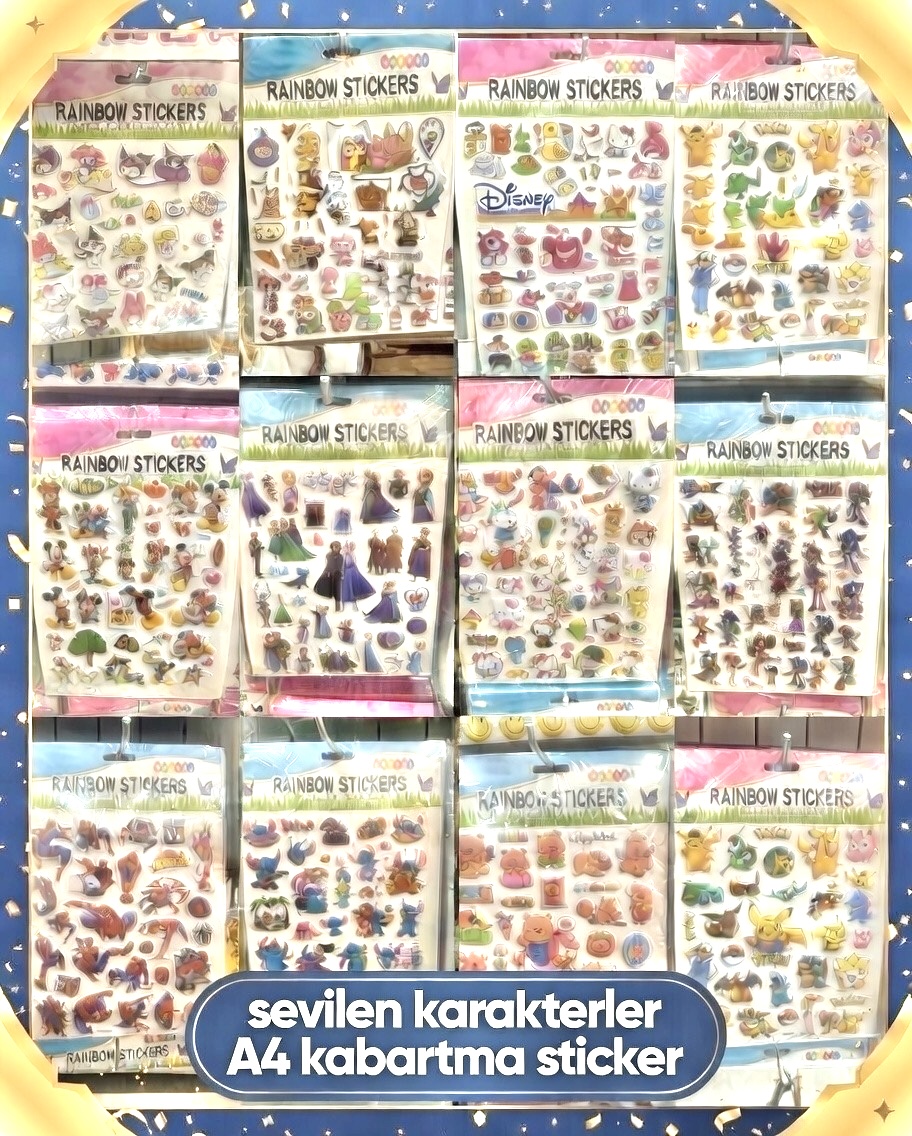 SEVİLEN KARAKTERLER A4 STİCKER / Paket 72li karışık