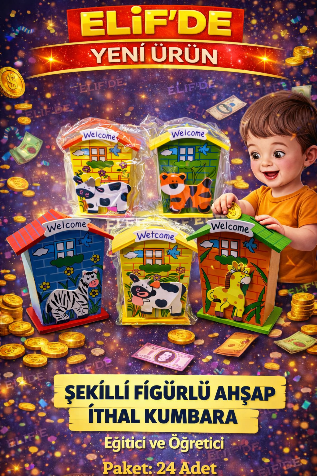 İthal Ahşap Kumbara Dekoratif / 24lü Karışık