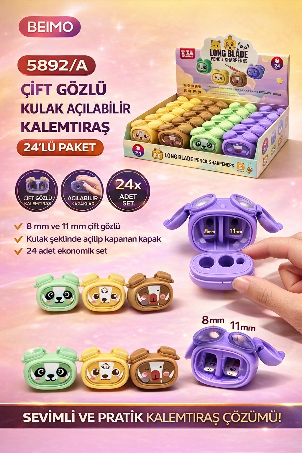 KULAKLI AYICIK ÇİFT GÖZ KALEMTRAŞ (5892A)/ 24lü Stant