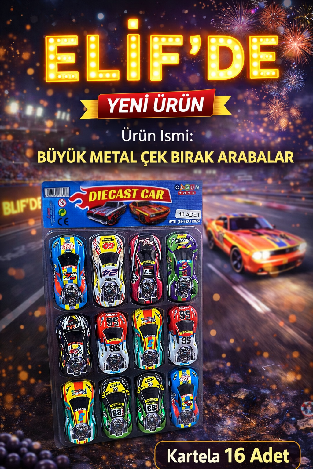Büyük Çek Bırak Metal Araba / 16lı Kartela