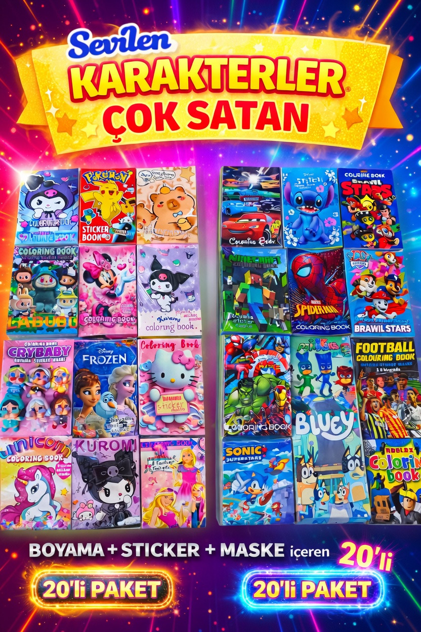 Karakterli Boyama Kitabı Maskeli ve stickerli / 20li Tek Model