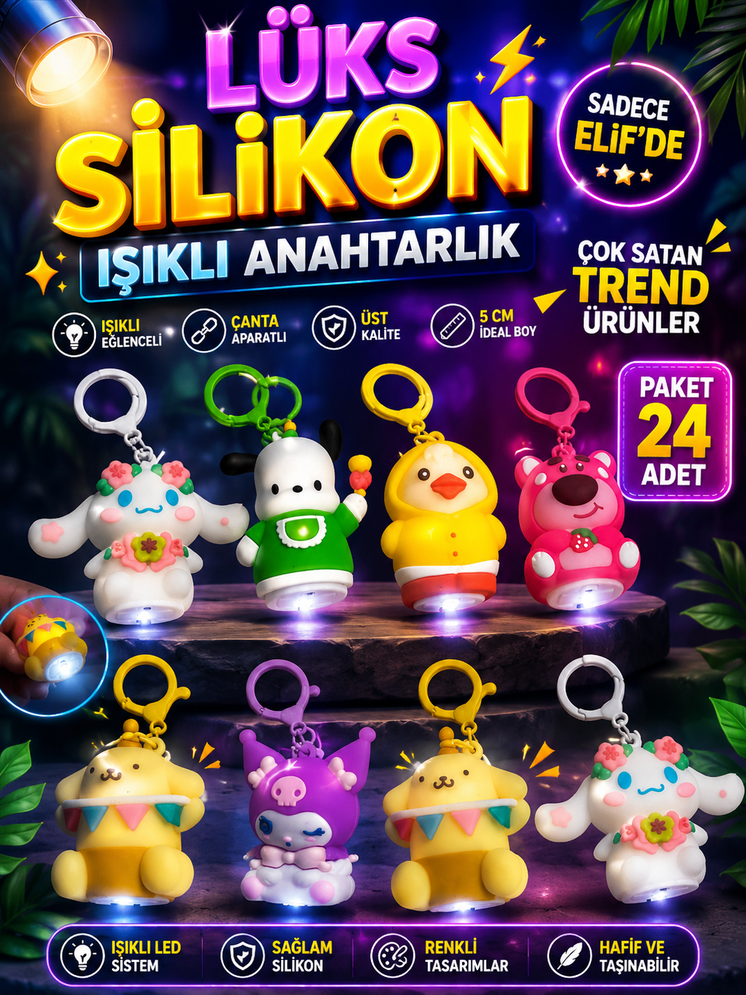 Lüks Silikon Işıklı Anahtarlık / 24lü Kavanoz