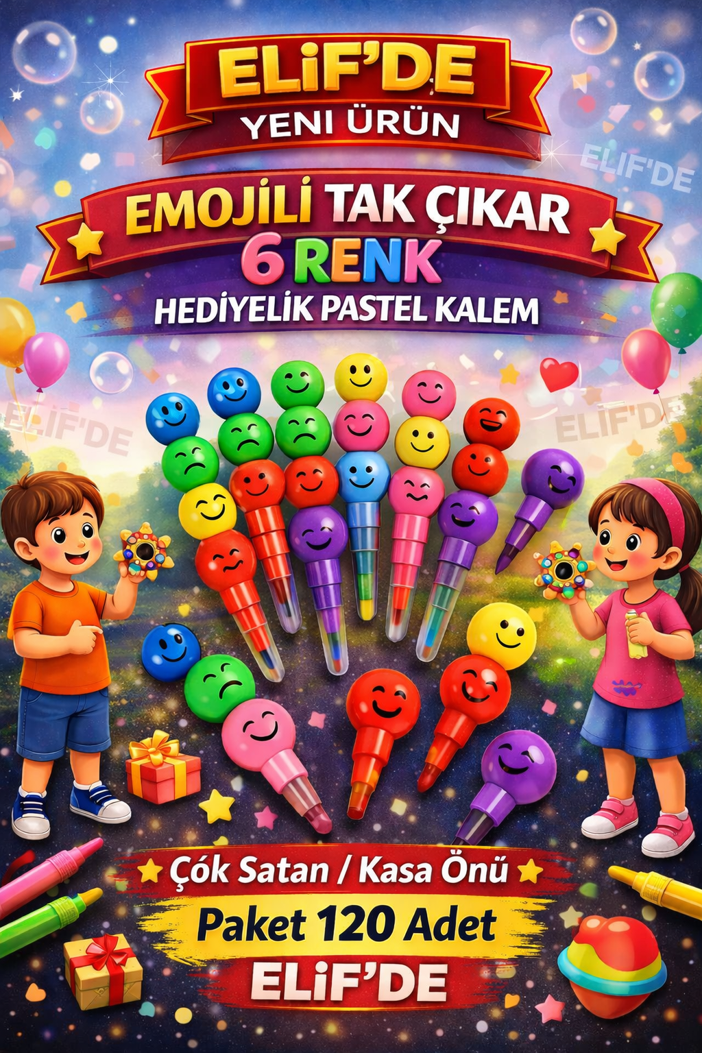 PASTEL 6 Renk Tak Çıkar Emojili Kalem / 120li Paket