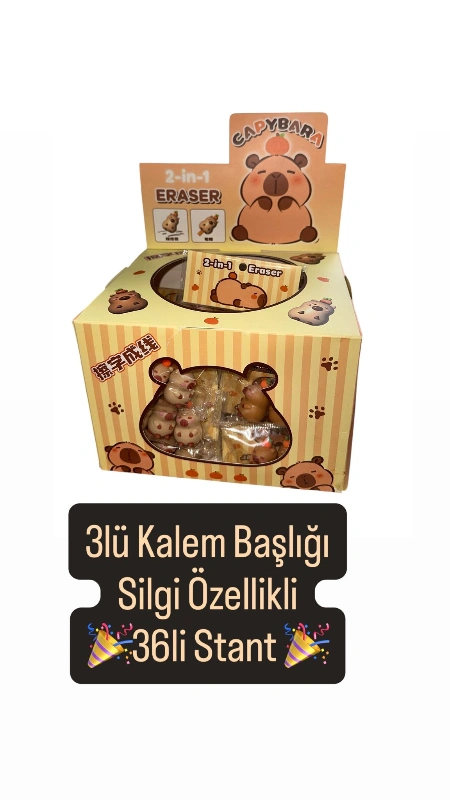 CAPPYBARA SİLGİLİ KALEM BAŞLIĞI 3LÜ SET / 36LI STANT