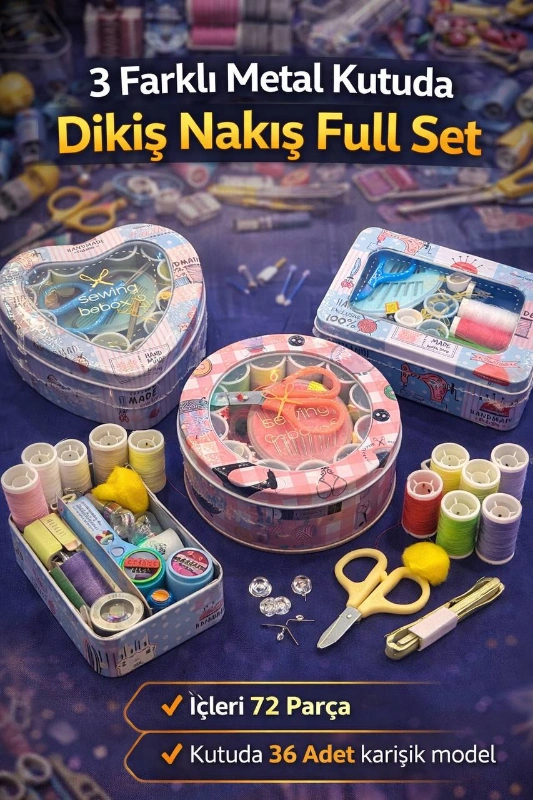 ÖZEL ŞEKİLLİ METAL KUTUDA DİKİŞ HOBİ SETLERİ / 18Lİ PAKET