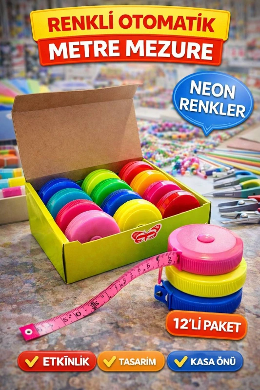 RENKLİ OTOMATİK MEZURA METRE / 12Lİ PAKET