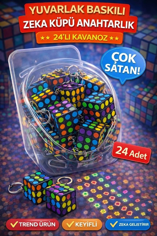 YUVARLAK BASKILI LÜKS ZEKA KÜPÜ ANAHTARLIK / 36LI KAVANOZ