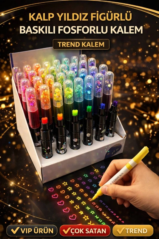 KALP YILDIZ BASKILI FOSFORLU KALEM / 36LI STANT