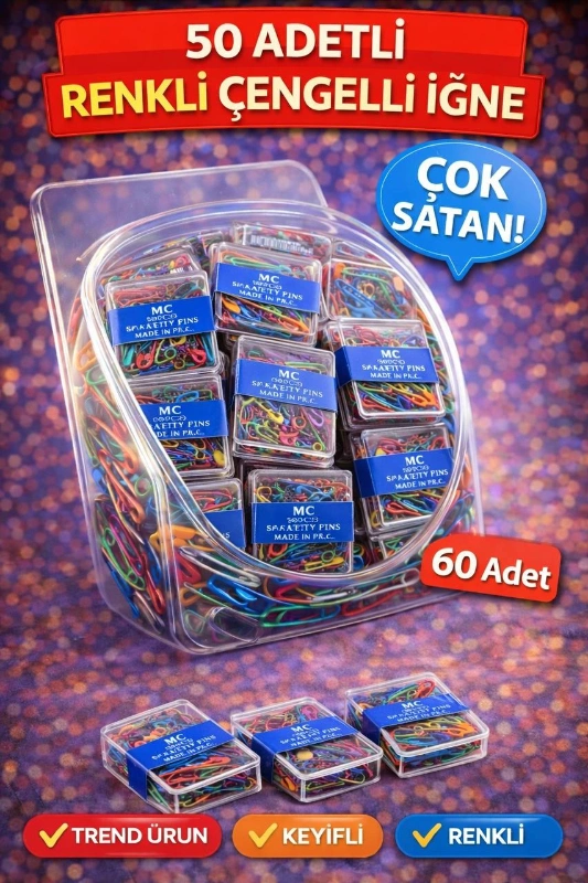 RENKLİ ÇENGELLİ İĞNE ŞEFFAF KUTUDA / 60LI KAVANOZ