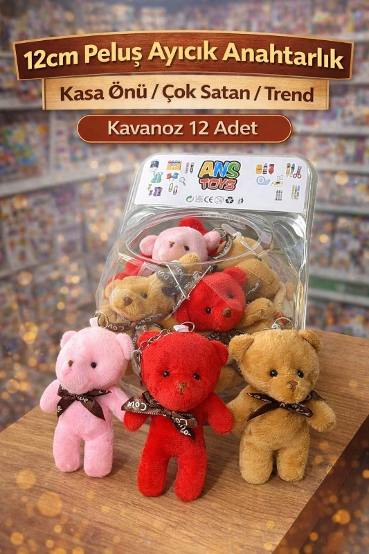 12CM RENKLİ PELUŞ AYICIK ANAHT. / 12Lİ KAVANOZ