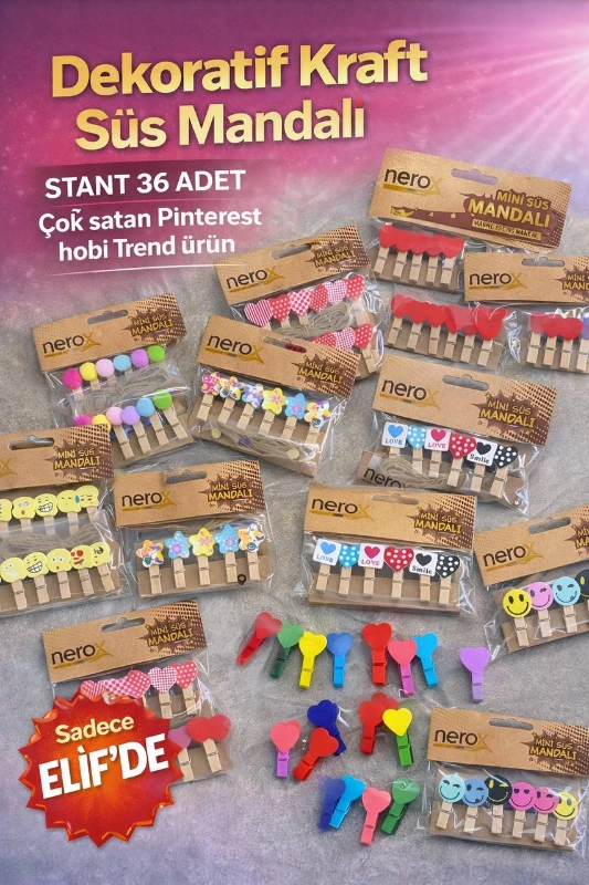 DEKORATİF KRAFT MANDALLAR / 36LI STANT