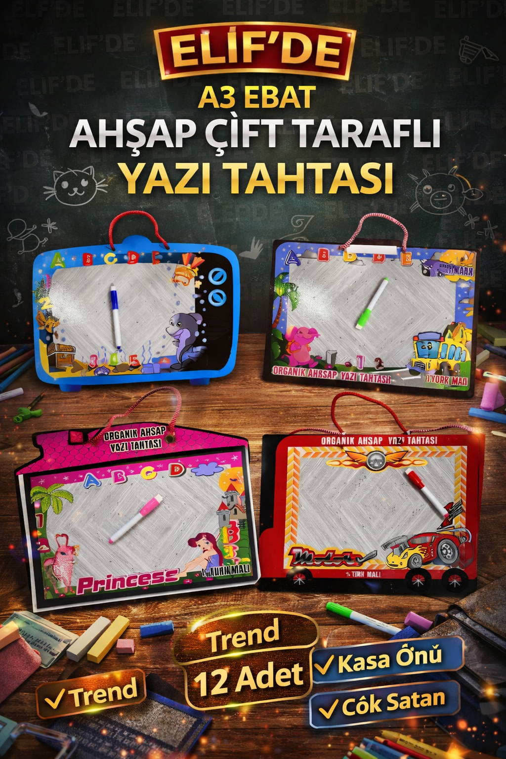 30x40 ÇIFT TARAFLI AHŞAP YAZI TAHTASI / 12l Paket