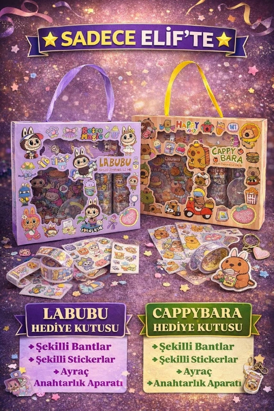 ÇANTALI LABUBU CAPPYBARA HEDİYELİK STİCKER BANT KUTUSU/ 12Lİ KARIŞIK