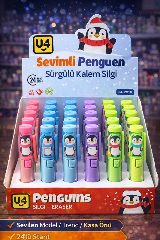 SEVİMLİ PENGUEN SÜRGÜLÜ SİLGİ / 24LÜ STANT