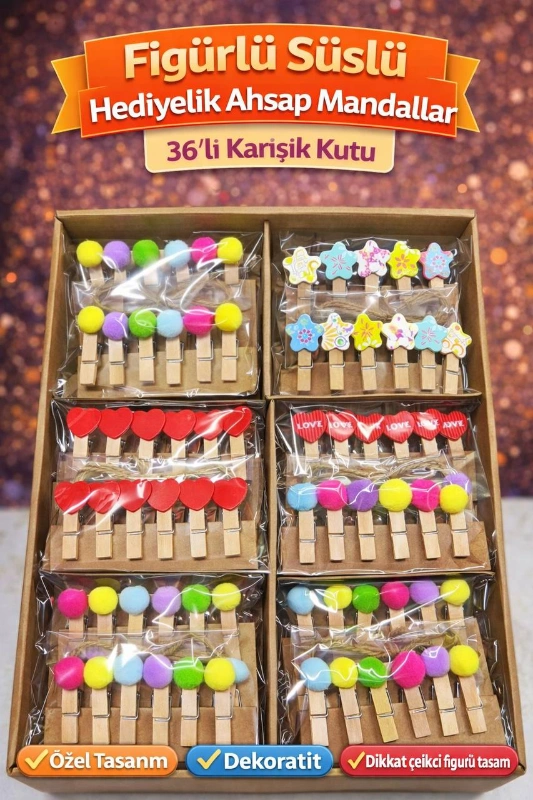 DEKORATİF SÜSLÜ MANDAL / 36LI STANT