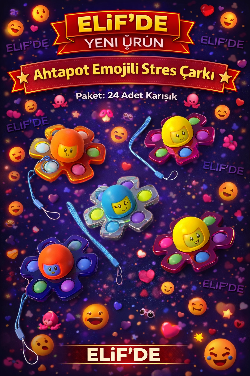 Ahtapot Emojili Stres çarkı / 24lü Paket