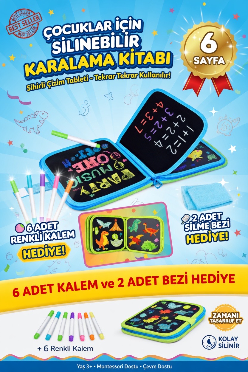 Silinebilir Doodle Tablet Defter 6 Sayfa / 12li