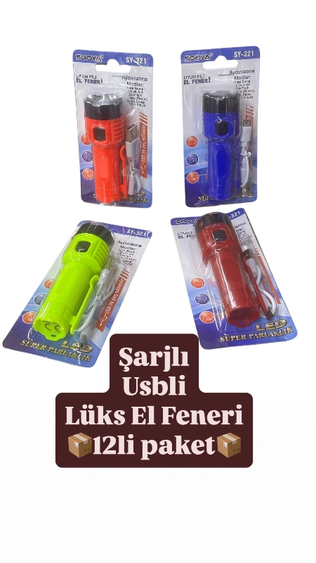 ŞARJLI LÜKS EL FENERİ USBLİ / 12Lİ PAKET / KOD:S7 321