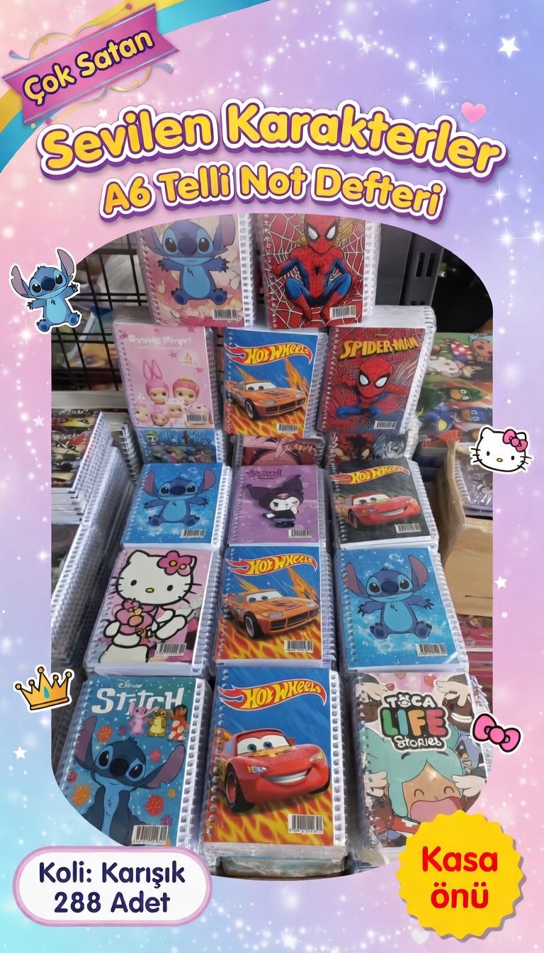 Sevilen Karakterler Not Defteri / paket 12li Koli 288 adet