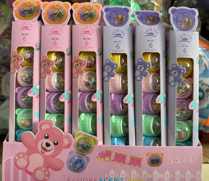 Adet: 75₺ / 6 Renk Ayıcıklı Pullu Mini Fosforlu Kalem / 24lü Stant