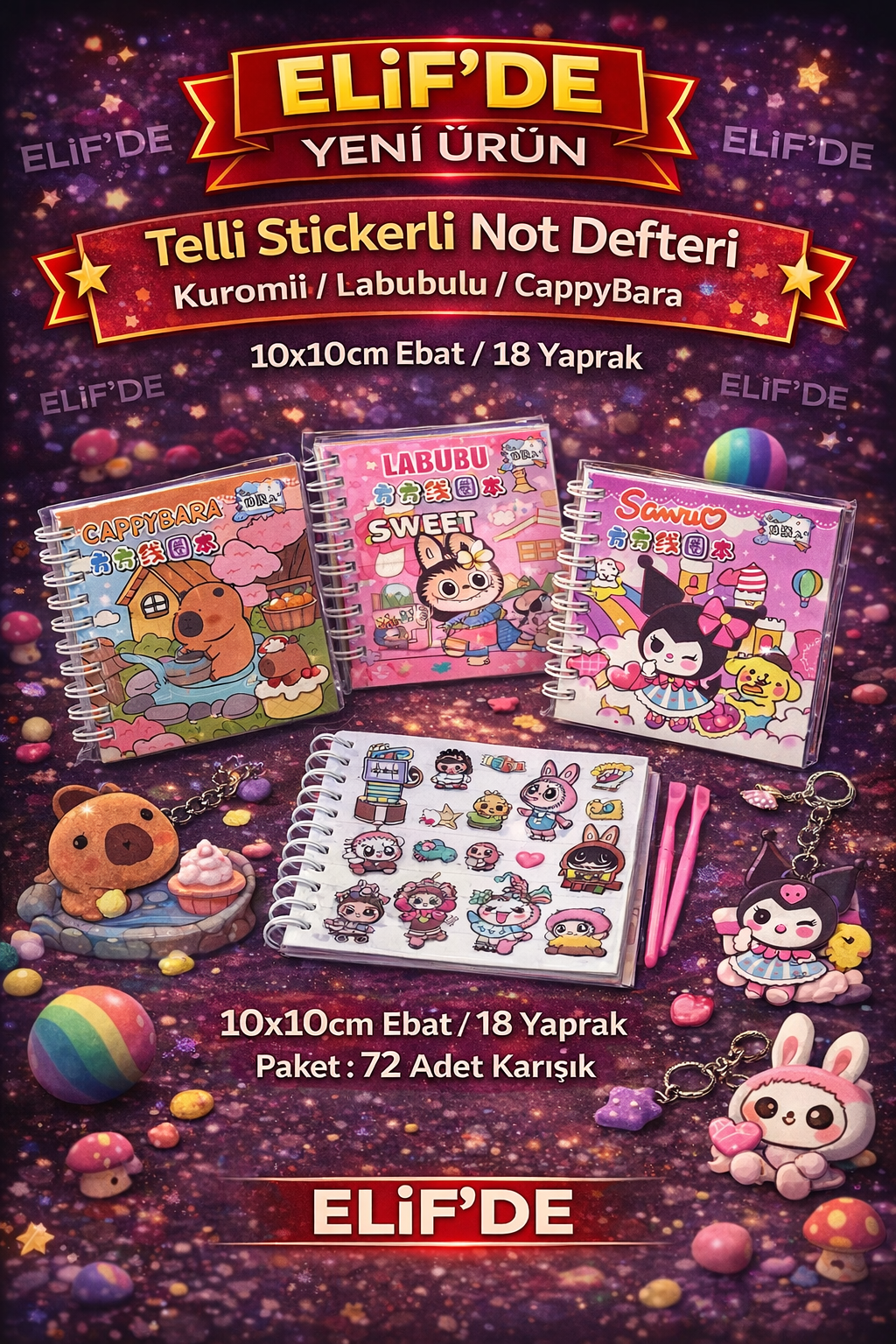 10x10 Sticker Defter CappyBara- Labubu- Kuromi / 72li Karışık