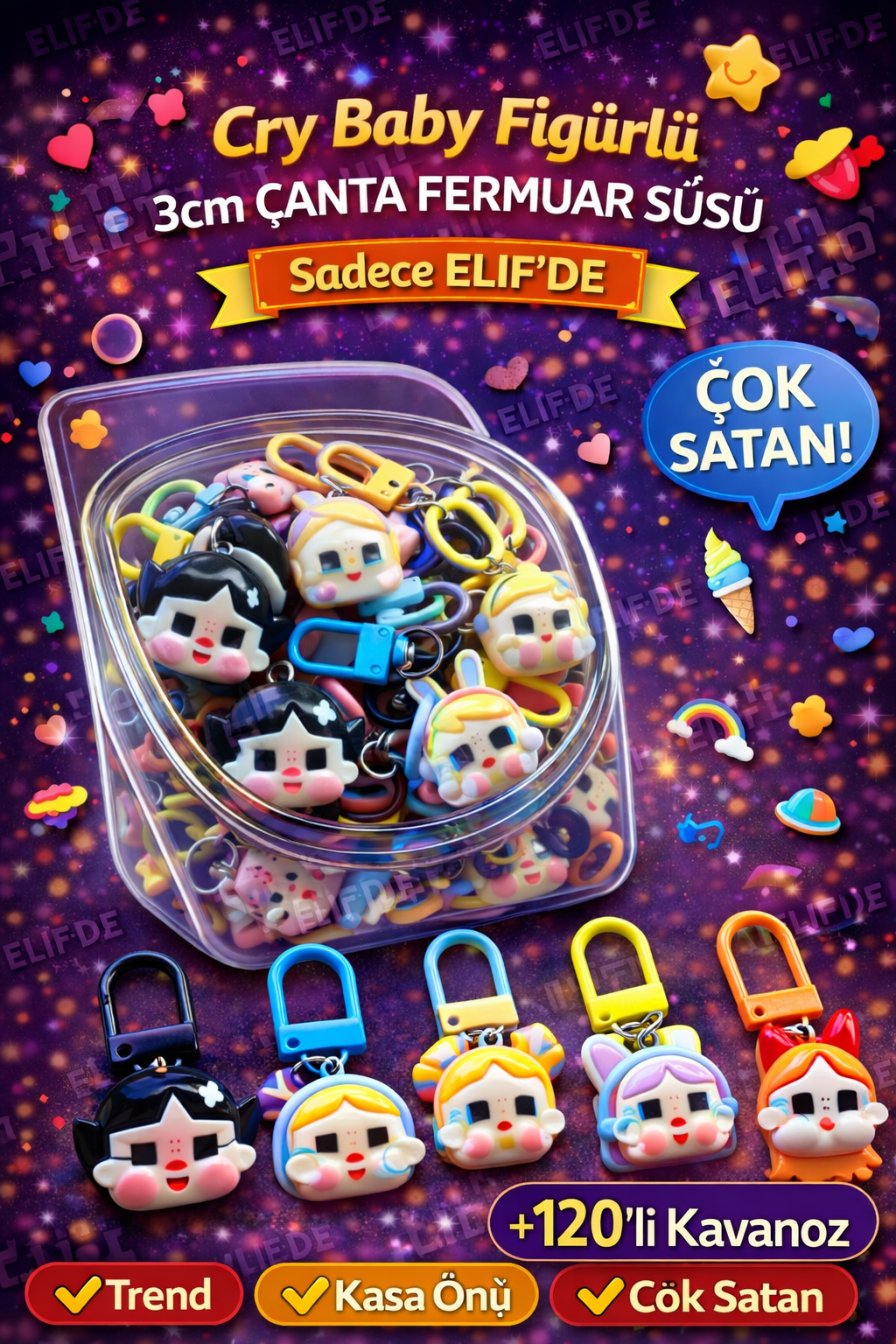 CRY BABY FIGÜRLÜ BÜYÜK FERMUAR SÜSÜ / 120li Kavanoz