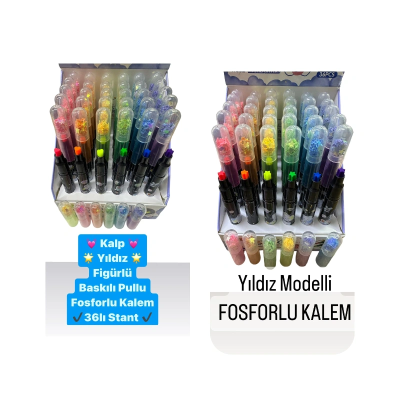 Yıldız Kalp Baskılı Mühür Kalem / 36lı Paket