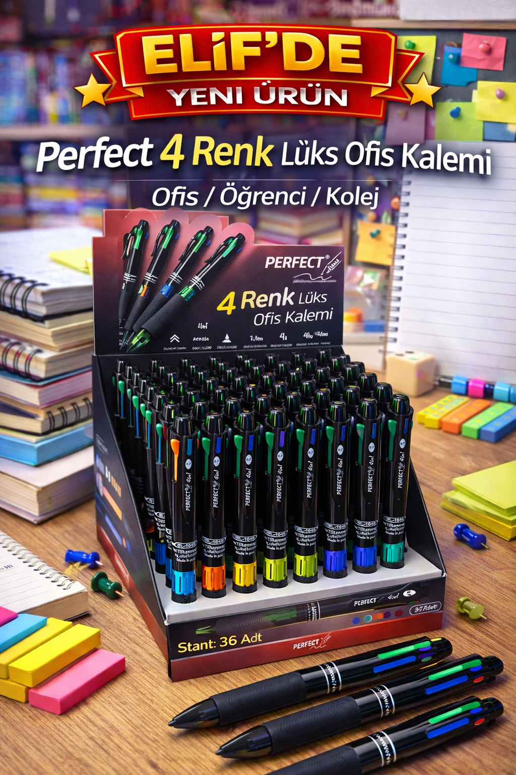 Perfect 4 Renk Lüks Ofis Kalemi/ 36lı Stant
