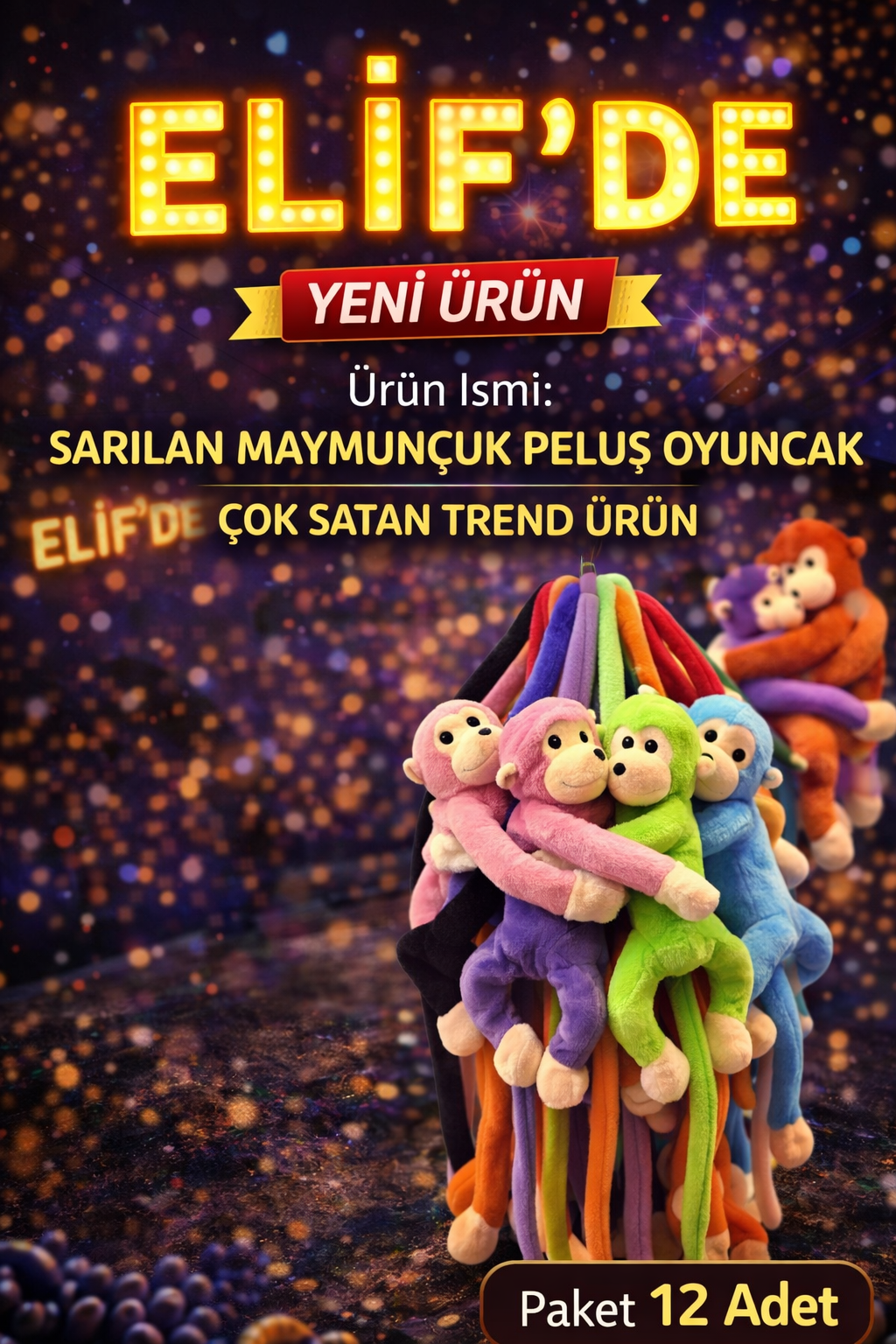 SARILAN MAYMUNCUN PELUŞ OYUNCAK / 12li paket