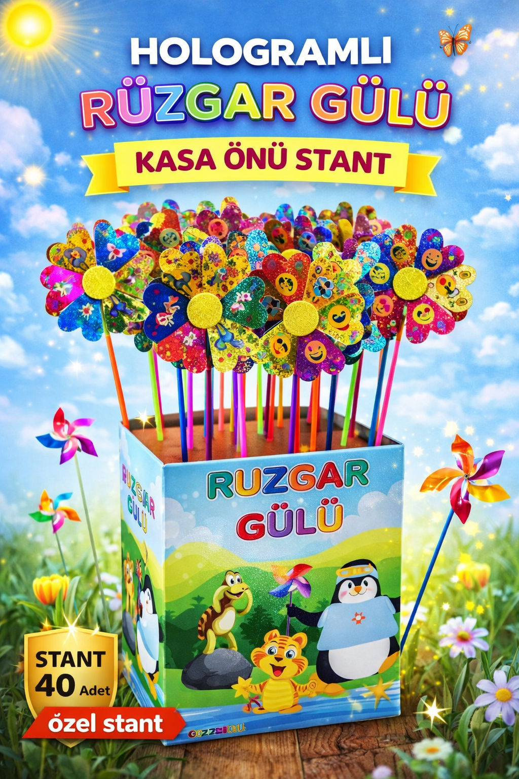 Metalik HOLOGRAMLI RÜZGAR GÜLÜ/ 40li Stant