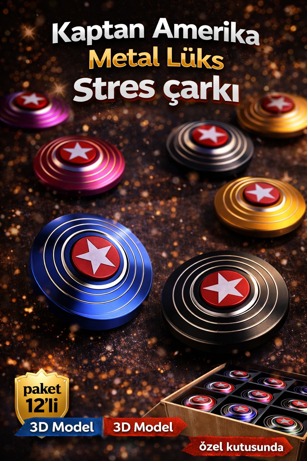 Kaptan Amerika Lüks Metal Stres Çarkı/ 12li Paket