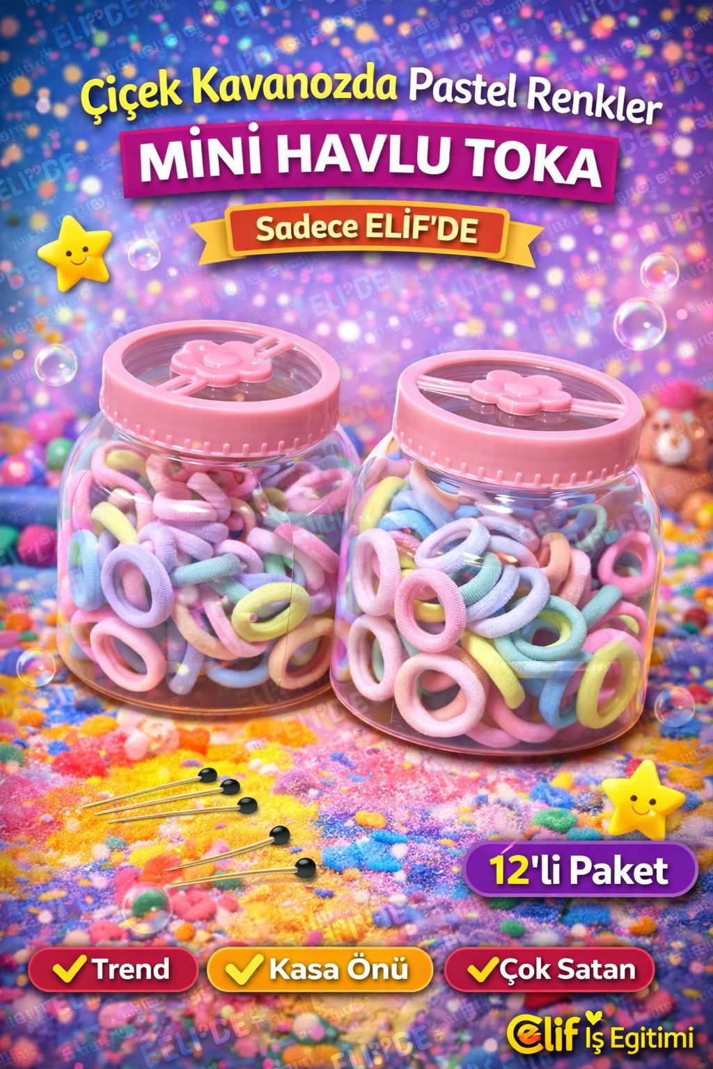 ÇİÇEK KAVANOZDA MİNİ RENKLİ HAVLU TOKA / 12Lİ PAKET