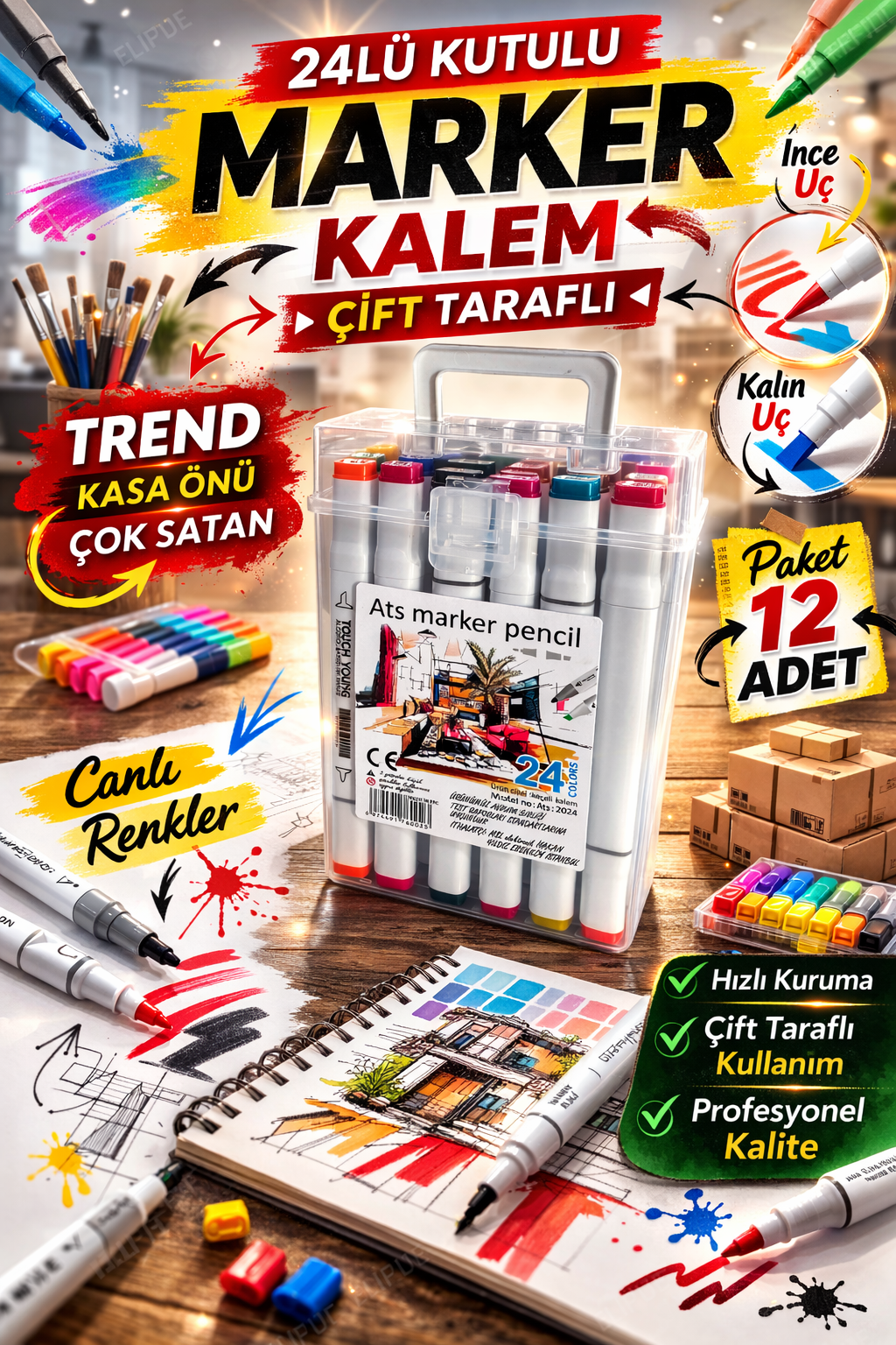 24lü Çift Taraflı Marker Kalem / paket 12li