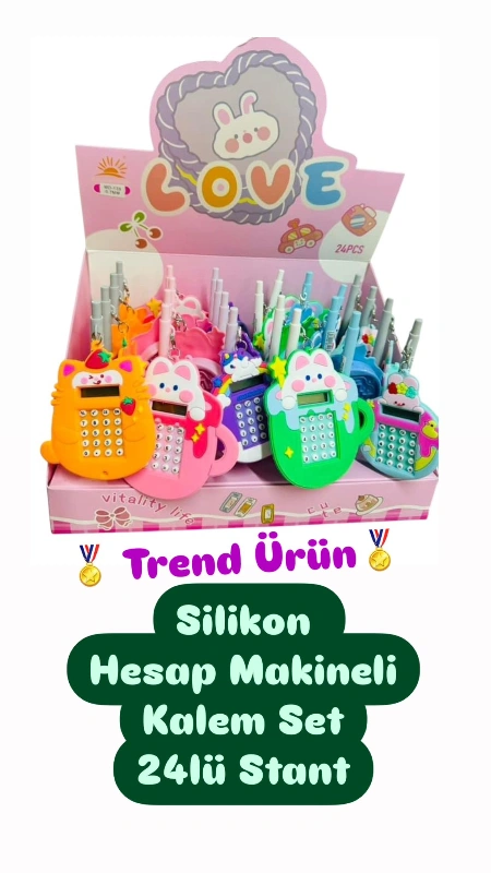 Silikonlu Mini Hesap Makine  + Versatil Kalem / 24lü Stant