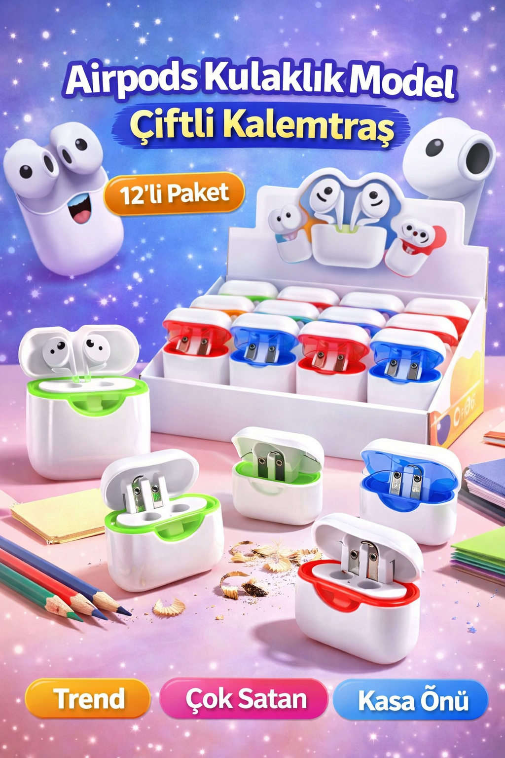 YENİ AİRPOD KULAKLIK MODEL KALEMTRAŞ / 12li paket