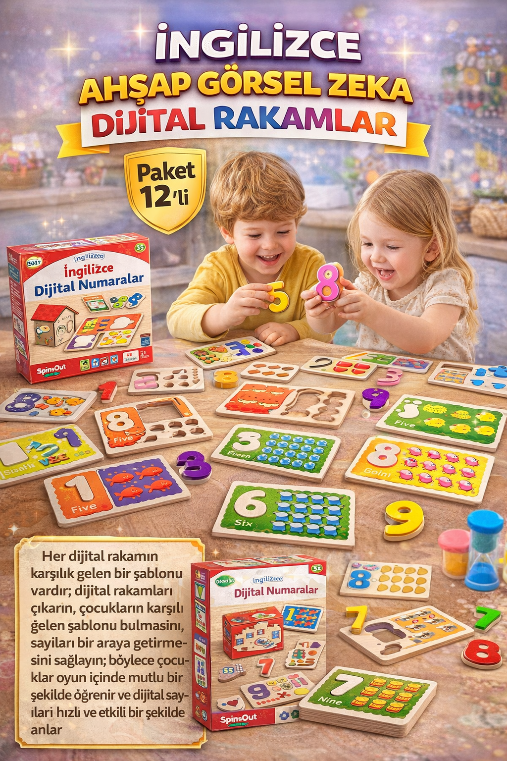 Ahşap Görsel Zeka Oyunu Harf Rakam Seti / Paket 12li