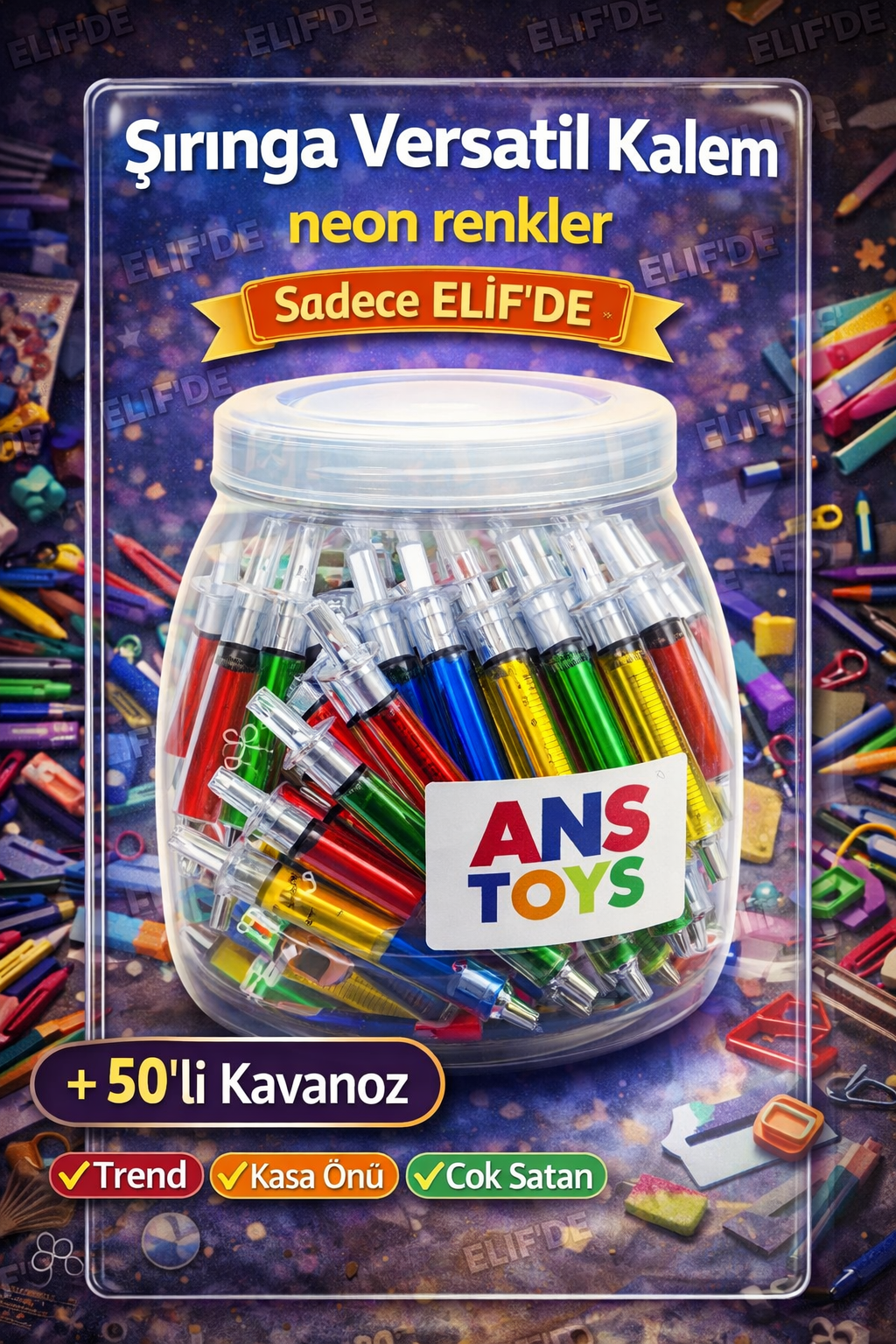 Şırınga Model Neon Kalem / 50li Kavanoz