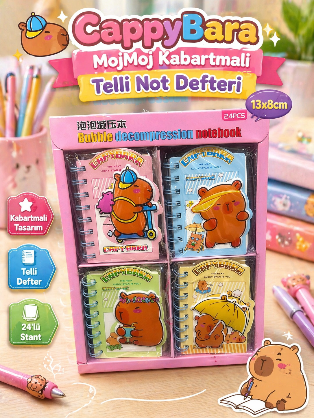 CappyBara Kabartmalı Defter / 24lü Stant
