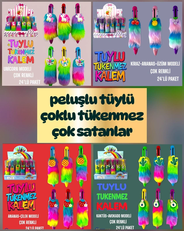 Adet: 34,50 ₺ / Trend Modeller 6Renk Çoklu Peluşlu Hediyelik Kalem / 24ü Stant
