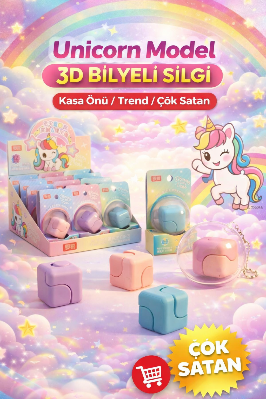 Unicorn 3D Bilyeli Çark Silgi / 12li Stant