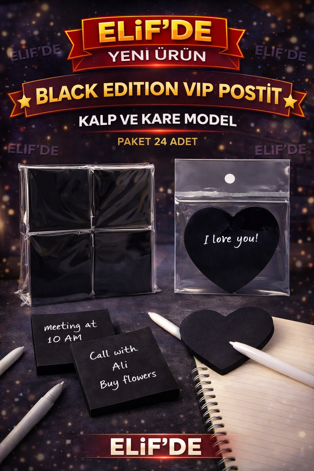 Siyah Kare ve Kalp POSTİT / 24lü Paket