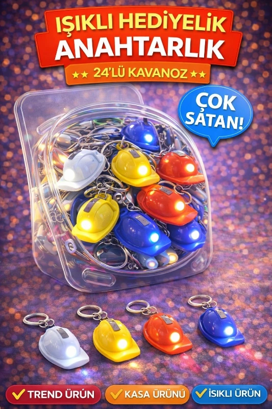 Işıklı Baret Şapka Anahtarlık / 24lü Kavanoz
