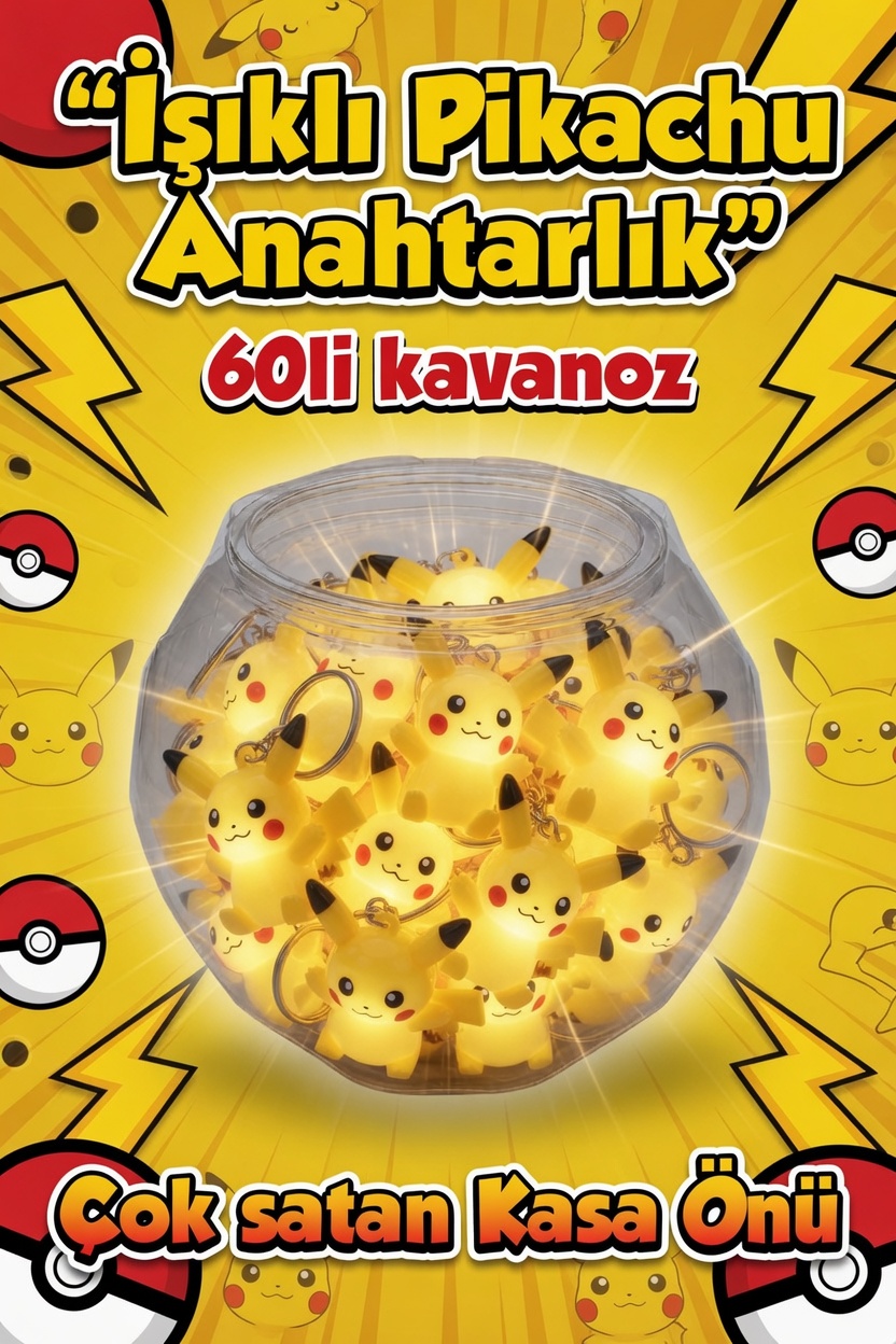 Işıklı Pikachu Anahtarlık / 60li Kavanoz