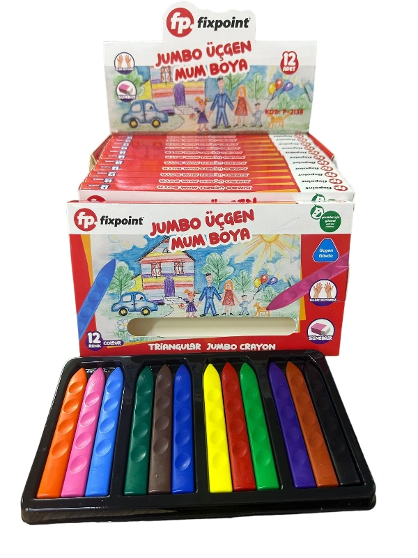 2138 KOD//  12 Renk Jumbo Üçgen Mum Boya / 12li Stant