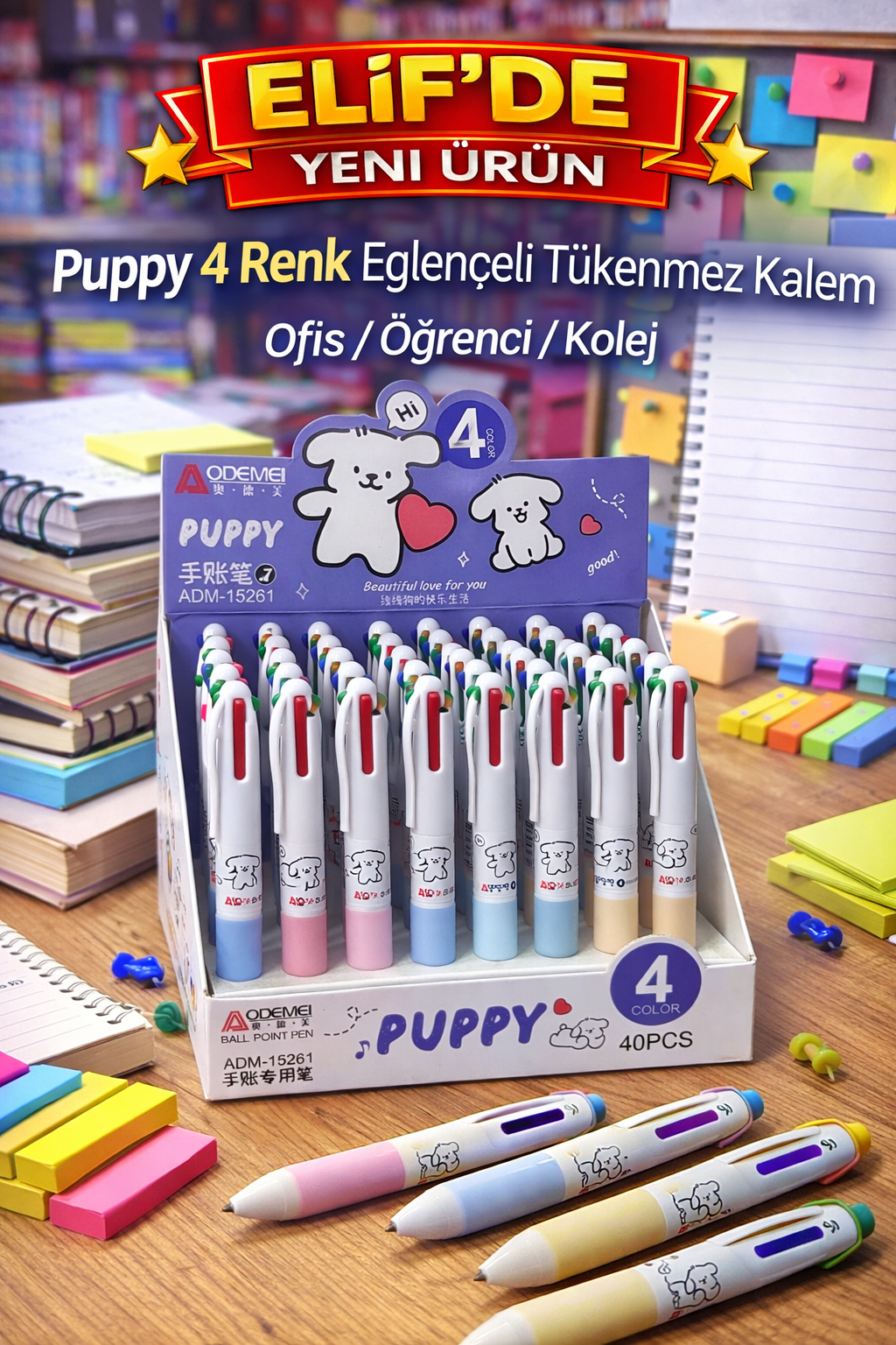 Puppy 4 Renk Eğlenceli Kalem / 40lı Stant
